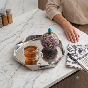 Hamedan enamel pottery jar on mirrored tray next to a tea cup.