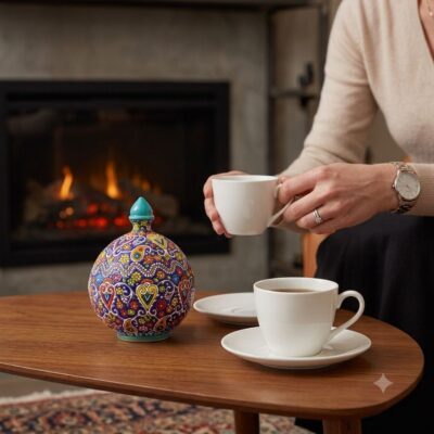 Enamel pottery candy dish on wooden table beside white teacups by fireplace.