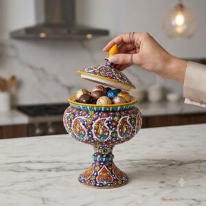 Hand lifting lid of handcrafted Hamedan enamel dish filled with chocolates