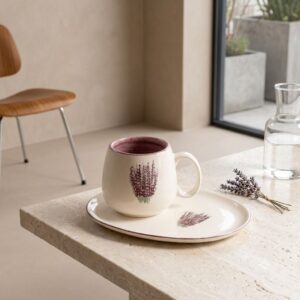 Handmade lavender ceramic mug and oval saucer set sitting on a beige marble table.