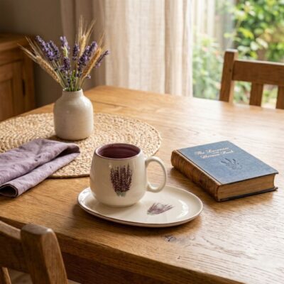 Artisan lavender ceramic cup set displayed on a wooden table beside a floral bouquet and vintage book.