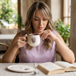 Woman sitting at a wooden table enjoying tea from a hand-painted lavender ceramic mug while reading.