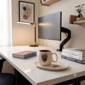 Modern home office desk featuring the handcrafted lavender ceramic coffee set next to books and a computer monitor.