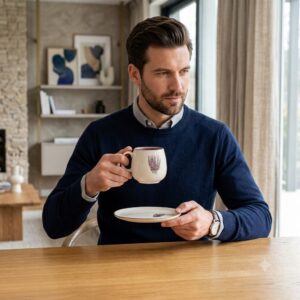 Man holding a handmade lavender ceramic tea cup and matching saucer at a wooden dining table.