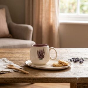 Handcrafted lavender ceramic mug and plate with butter cookies served on a rustic wood table.
