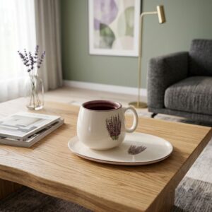Lavender ceramic coffee cup set placed on an oak coffee table in a modern living room.