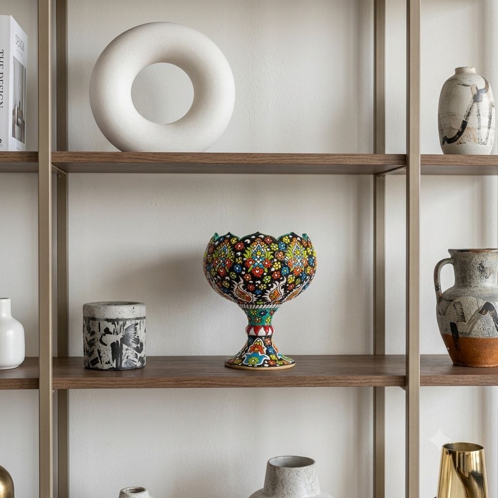 Lalejin enamel pottery pedestal bowl displayed on a wooden shelf unit alongside modern ceramic decor.
