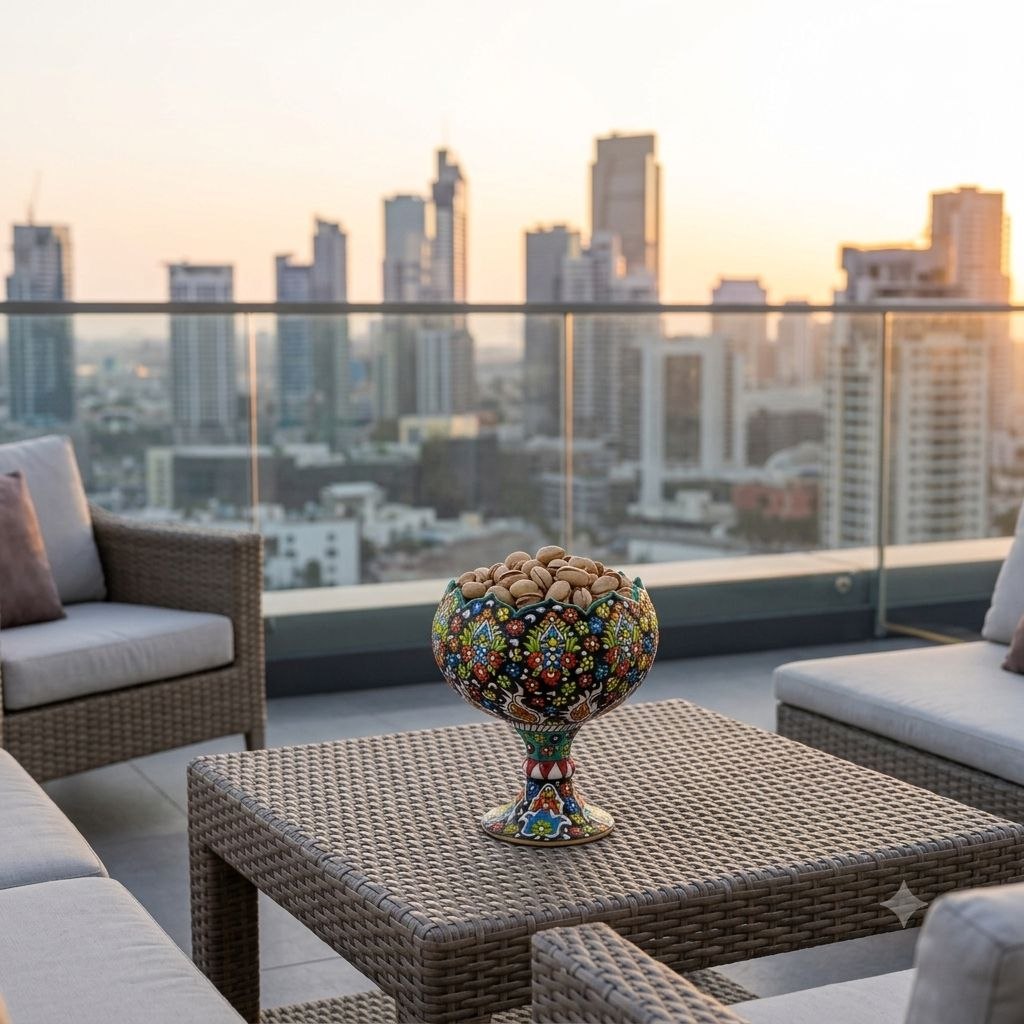 Persian enamel pottery nut bowl filled with pistachios on a outdoor patio table overlooking a city skyline.