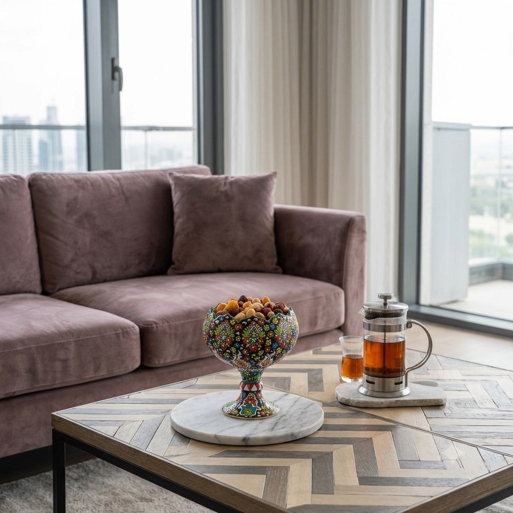 Handcrafted enamel bowl with tea press on a marble tray on a geometric wooden coffee table.