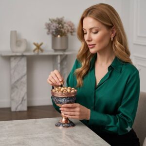 Elegantly dressed woman taking a nut from a luxury copper and Pardaz serving bowl.