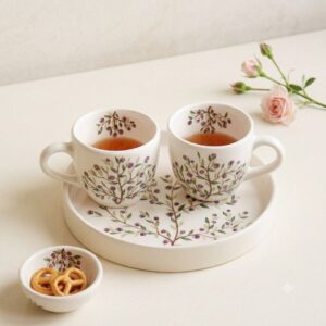 Purple GOLRIZ handcrafted ceramic tea cups on floral tray with small snack bowl.
