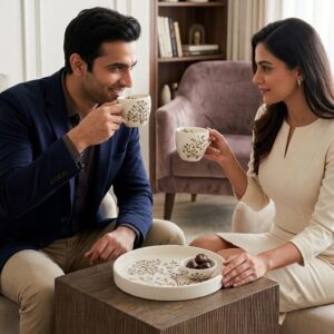 Couple enjoying tea from Purple GOLRIZ handmade ceramic mugs in a modern living room.