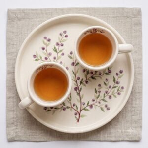 Overhead flat lay of Purple GOLRIZ ceramic cups filled with tea on floral tray.