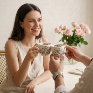 Couple clinking Purple GOLRIZ hand-painted ceramic coffee mugs at a dining table.