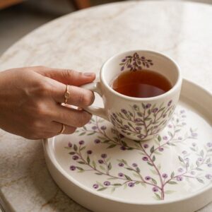 Woman holding a Purple GOLRIZ hand-painted ceramic tea mug on matching tray.