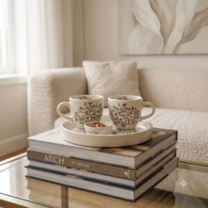 Purple GOLRIZ luxury ceramic coffee set styled on stack of coffee table books.