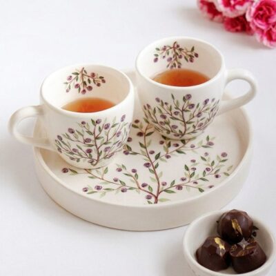 Purple GOLRIZ ceramic tea set featuring hand-painted floral patterns and chocolate bowl.