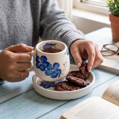 Hands holding a blue floral ceramic mug and breaking a chocolate cookie over the matching saucer.