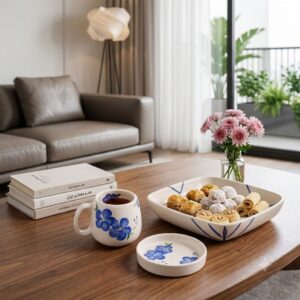 Sky Flower artisan coffee mug and serving dishes filled with sweet pastries on a wooden coffee table.