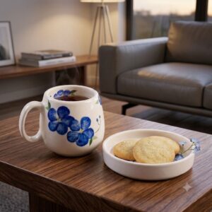 Close-up of steaming hot tea in a Sky Flower hand-painted ceramic mug with butter cookies.