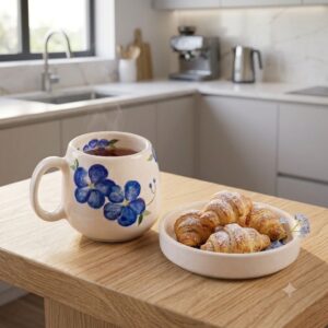 Hand-painted ceramic mug with steaming tea and a plate of fresh butter croissants on a wooden kitchen counter.