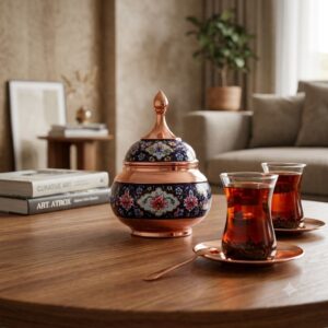 Handcrafted Copper and Pardaz sugar bowl on a wooden coffee table next to Persian tea cups.