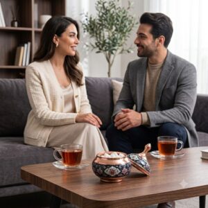 Couple enjoying tea with an artisan Persian copper sugar bowl on the table