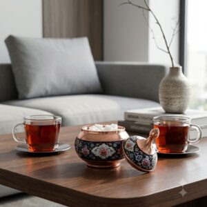 Persian floral enamel hand-painted copper sugar bowl set on a dark wood coffee table.
