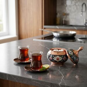 Traditional Persian tea set arranged on a dark marble kitchen island with a Copper and Pardaz bowl.