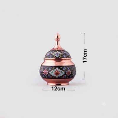 Product dimension view of Copper and Pardaz sugar bowl measuring 17cm by 12cm.