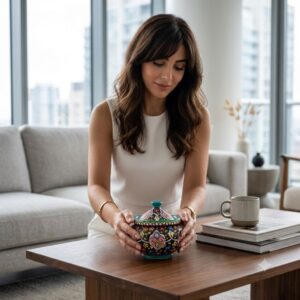 Woman placing a handcrafted Hamedan enamel ceramic sugar bowl on a modern coffee table.