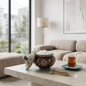 Open Hamedan enamel sugar bowl filled with sugar cubes next to Persian tea.