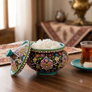 High-angle view of an open Hamedan enamel pottery sugar bowl with sugar cubes and tea.