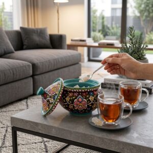 Spoon taking a sugar cube from a Hamedan enamel pottery bowl beside double-walled tea cups.