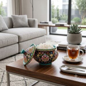 Hamedan enamel ceramic sugar dish displayed on a wooden table next to tea and modern books.