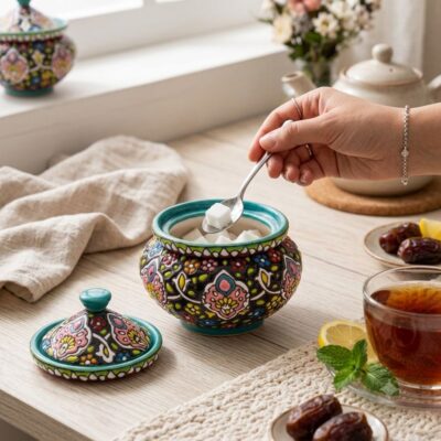 Person taking sugar from a Hamedan enamel bowl next to a teapot and fresh dates.