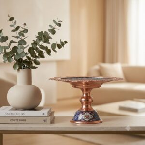 Handcrafted Isfahan copper and pardaz pedestal dish on modern decor table.
