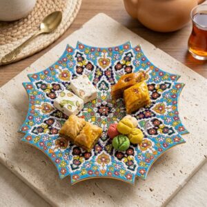 Octagon enamel sweetmeat dish with baklava and nougat sweets.