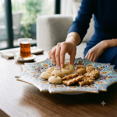 Close-up of hand taking sweets from an octagonal enamel dish.
