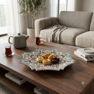 Octagon enamel dish with dates and pastries next to tea glasses.