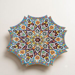 Top view of hand-painted octagonal enamel dish pattern detail.