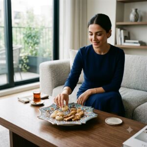 Woman selecting a cookie from an octagon enamel ceramic tray.