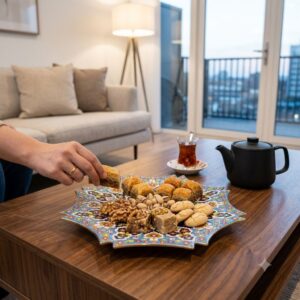 Octagon enamel tray with nuts and pastries on a wooden table.