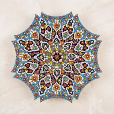 Detailed top-down view of Hamedan enamel pottery sweetmeat dish.