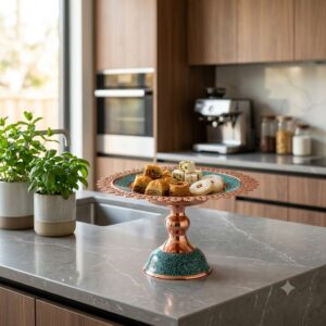 Turquoise inlaying sweetmeat dish with baklava on modern marble kitchen counter.