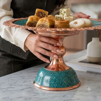 Detailed close-up of turquoise inlay base and copper neck on sweetmeat dish.