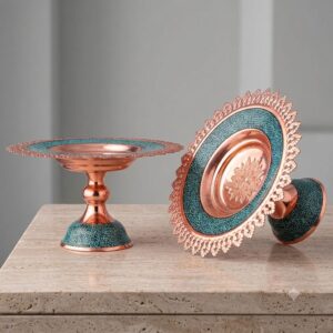 Front and bottom view of turquoise inlaying sweetmeat dish showing fretwork edge.
