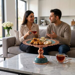 Couple enjoying tea with turquoise inlaying sweetmeat dish on table.