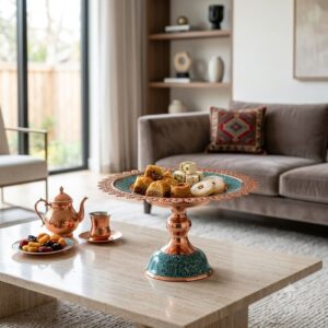 Persian turquoise inlaying sweetmeat dish next to copper teapot on table.