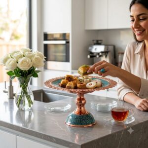 Hand picking baklava from turquoise inlaying pedestal serving bowl.